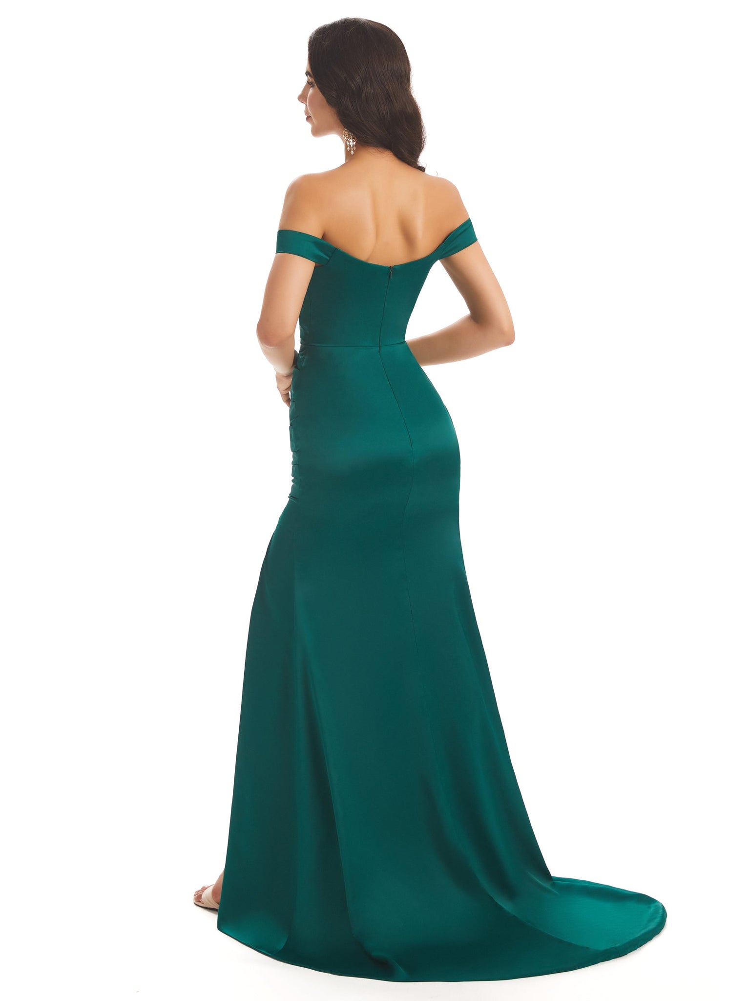 Maxi Robe Sans Bretelles en satin avec Fente verte épaules dénudées