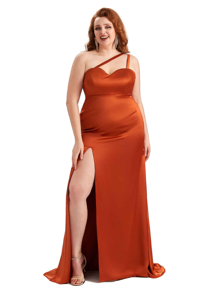 Robe de demoiselle d'honneur longue en Satin doux asymétrique épaule dénudée fente latérale Sexy grande taille pour mariage