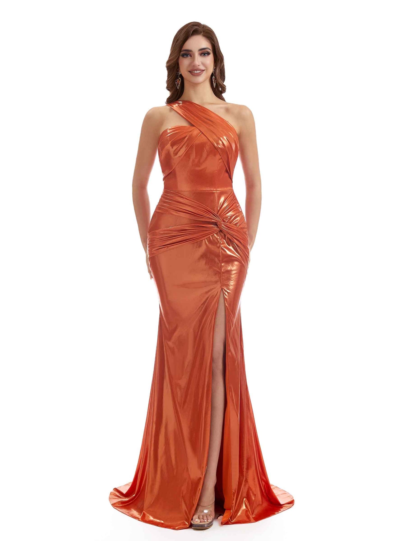 Robe longue extensible métallique scintillante une épaule pour femmes