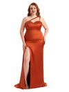 Robe de demoiselle d'honneur longue en Satin doux asymétrique épaule dénudée fente latérale Sexy grande taille pour mariage