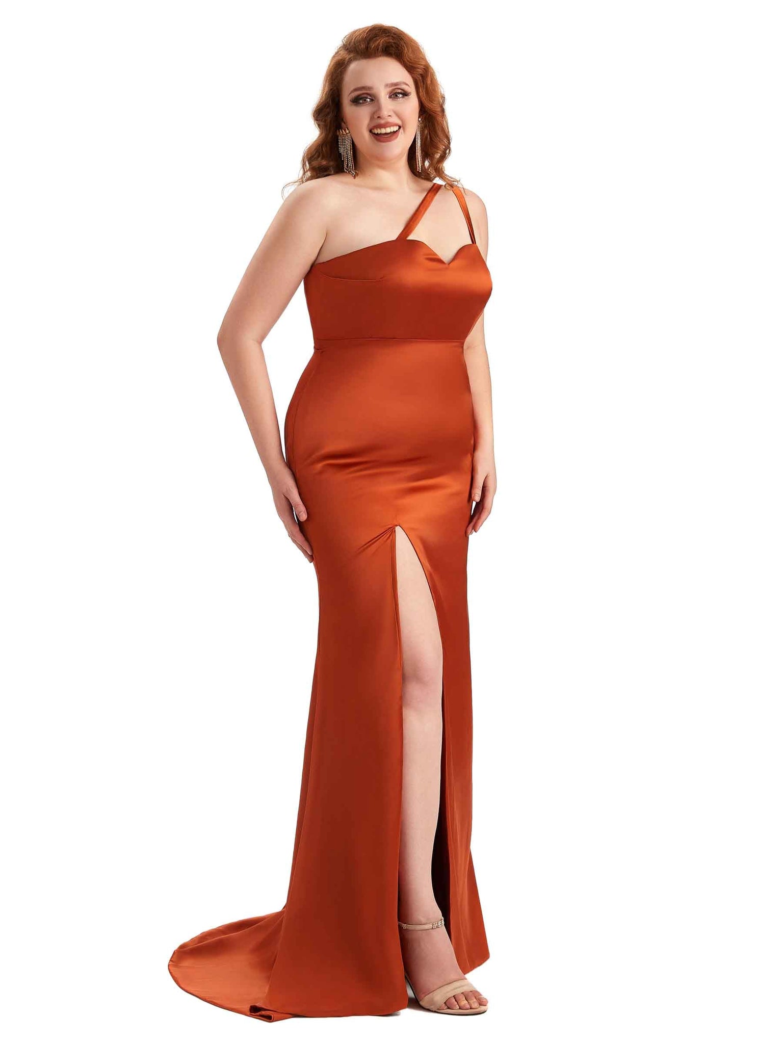 Robe de demoiselle d'honneur longue en Satin doux asymétrique épaule dénudée fente latérale Sexy grande taille pour mariage
