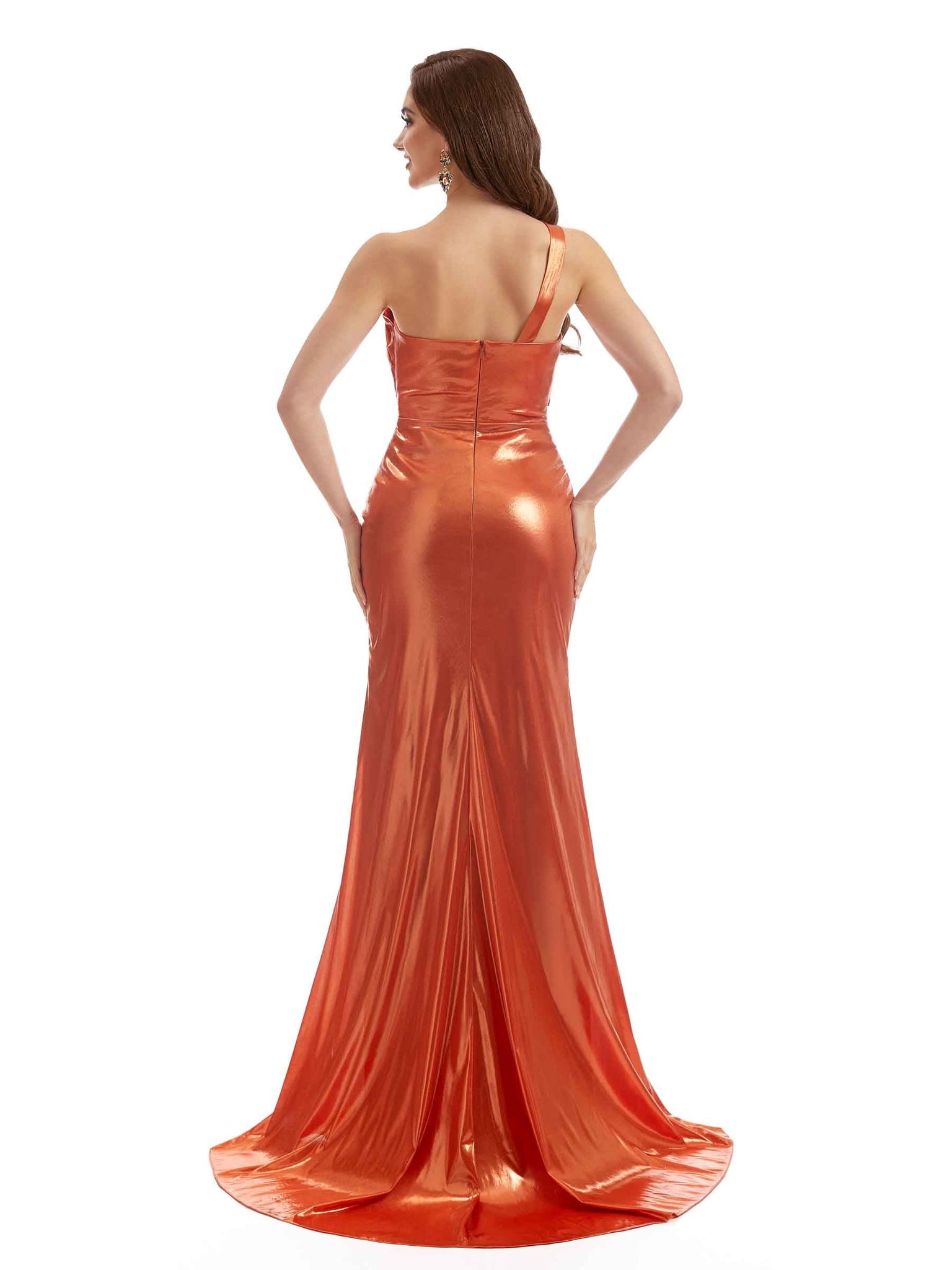 Robe longue extensible métallique scintillante une épaule pour femmes