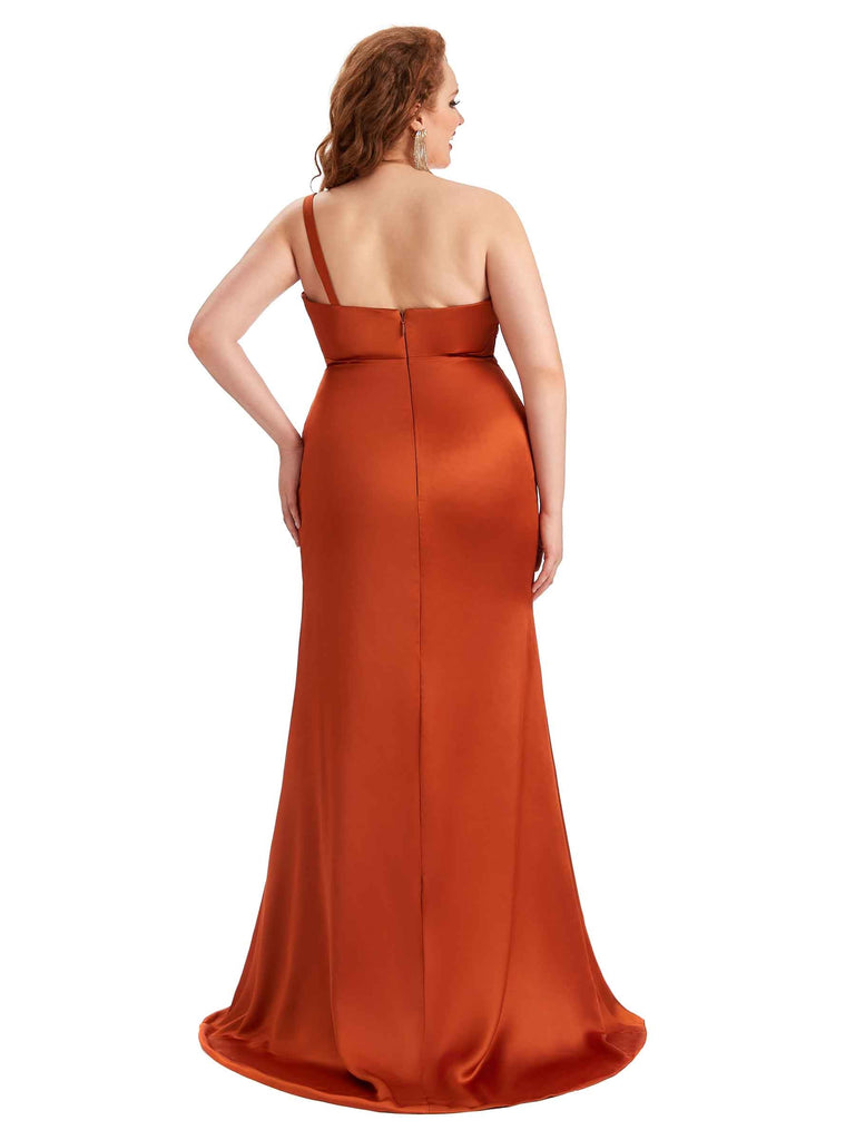 Robe de demoiselle d'honneur longue en Satin doux asymétrique épaule dénudée fente latérale Sexy grande taille pour mariage