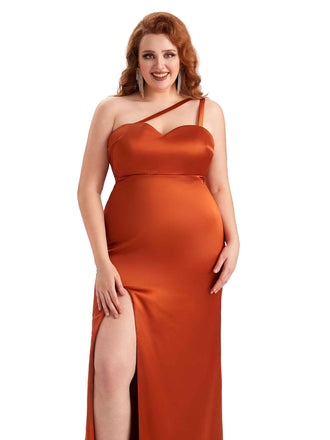 Robe de demoiselle d'honneur longue en Satin doux asymétrique épaule dénudée fente latérale Sexy grande taille pour mariage