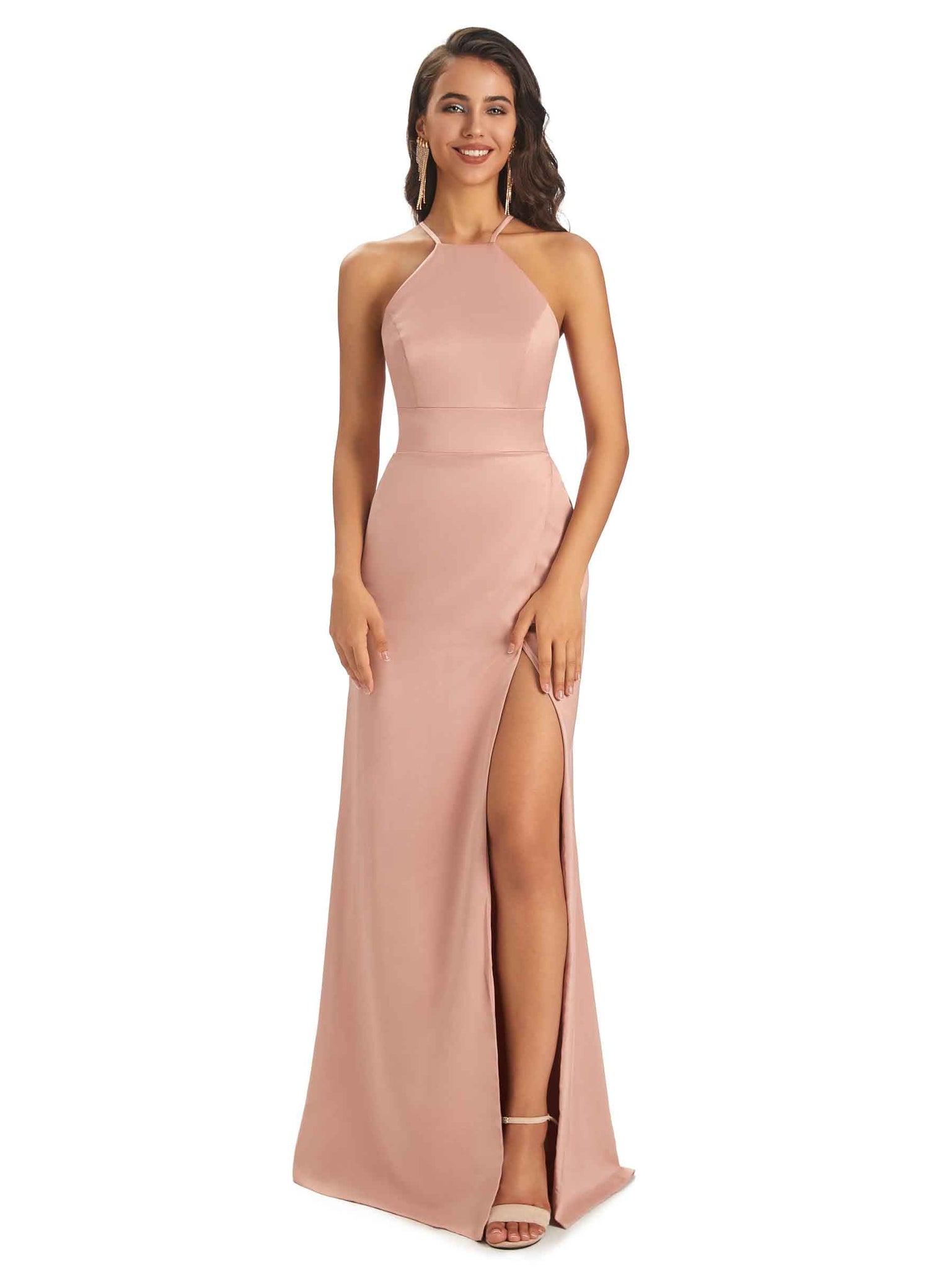 Robes demoiselle d'honneur longues sexy satin doux licou maxi fendue