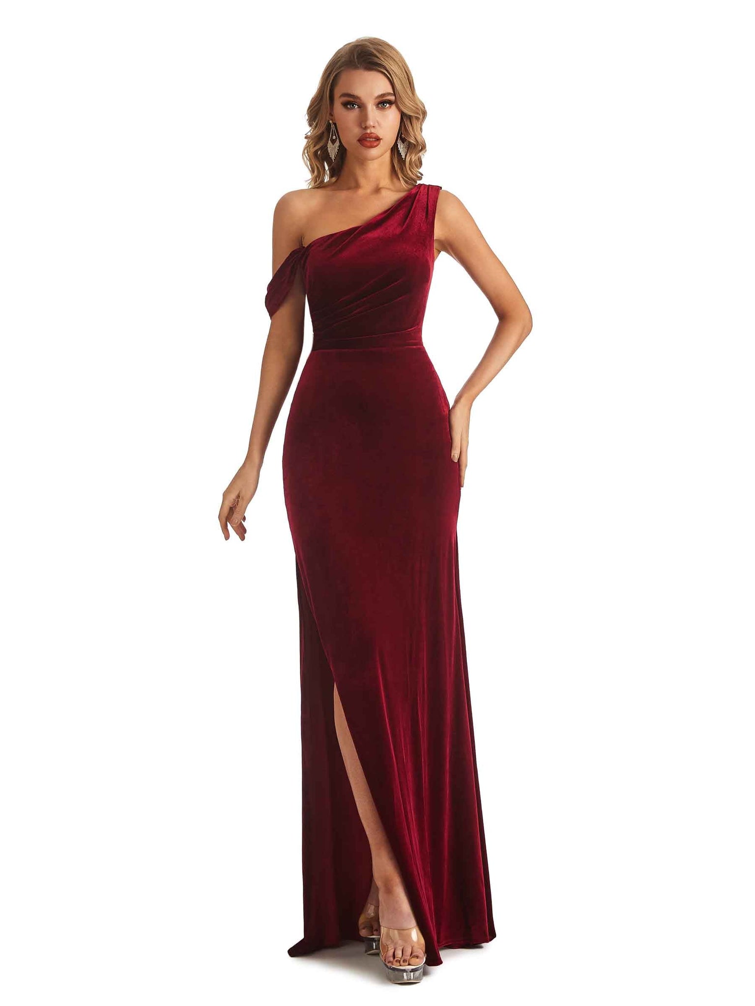 Robes de demoiselle d'honneur longues en velours à fente latérale asymétrique élégante sirène