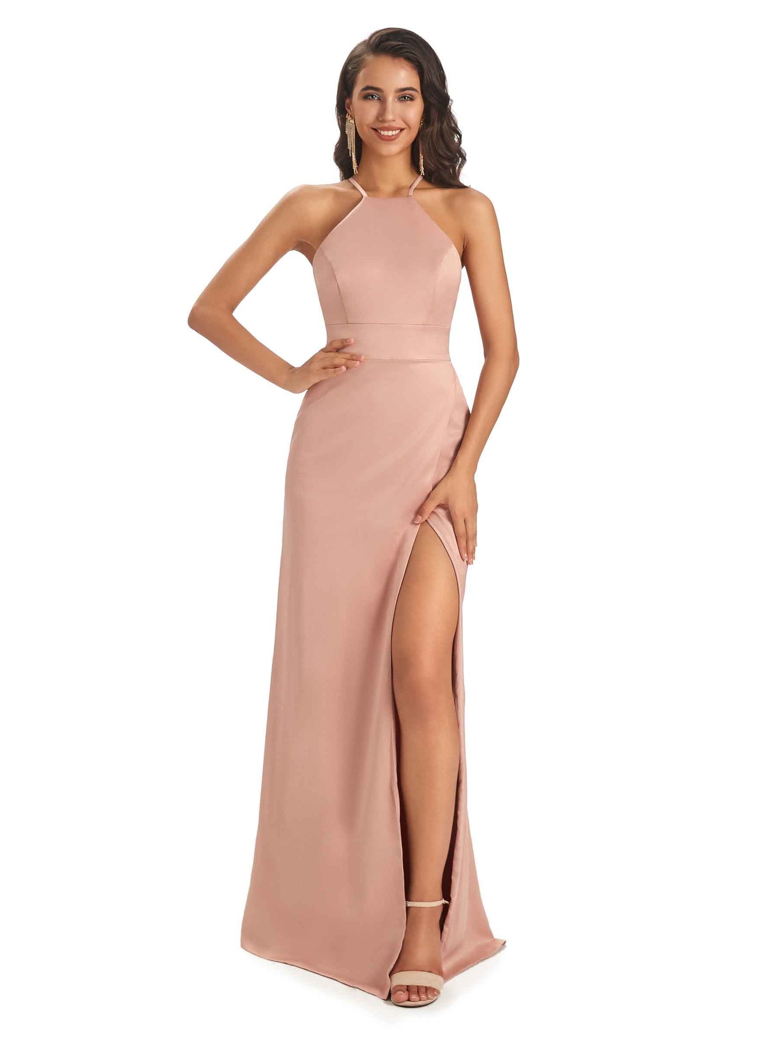 Robes demoiselle d'honneur longues sexy satin doux licou maxi fendue