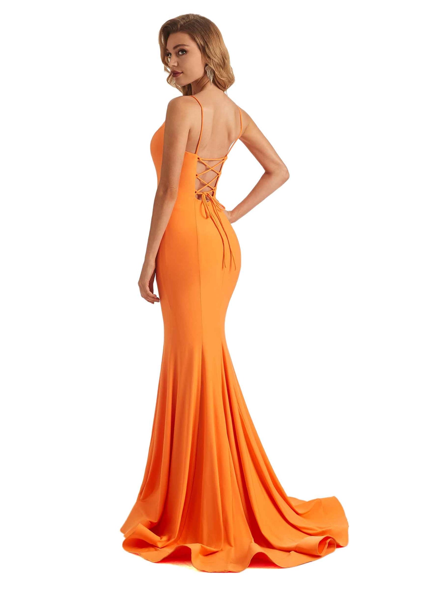 Robes de demoiselle d'honneur sirène sexy bretelles spaghetti col en V jersey extensible longues formelles