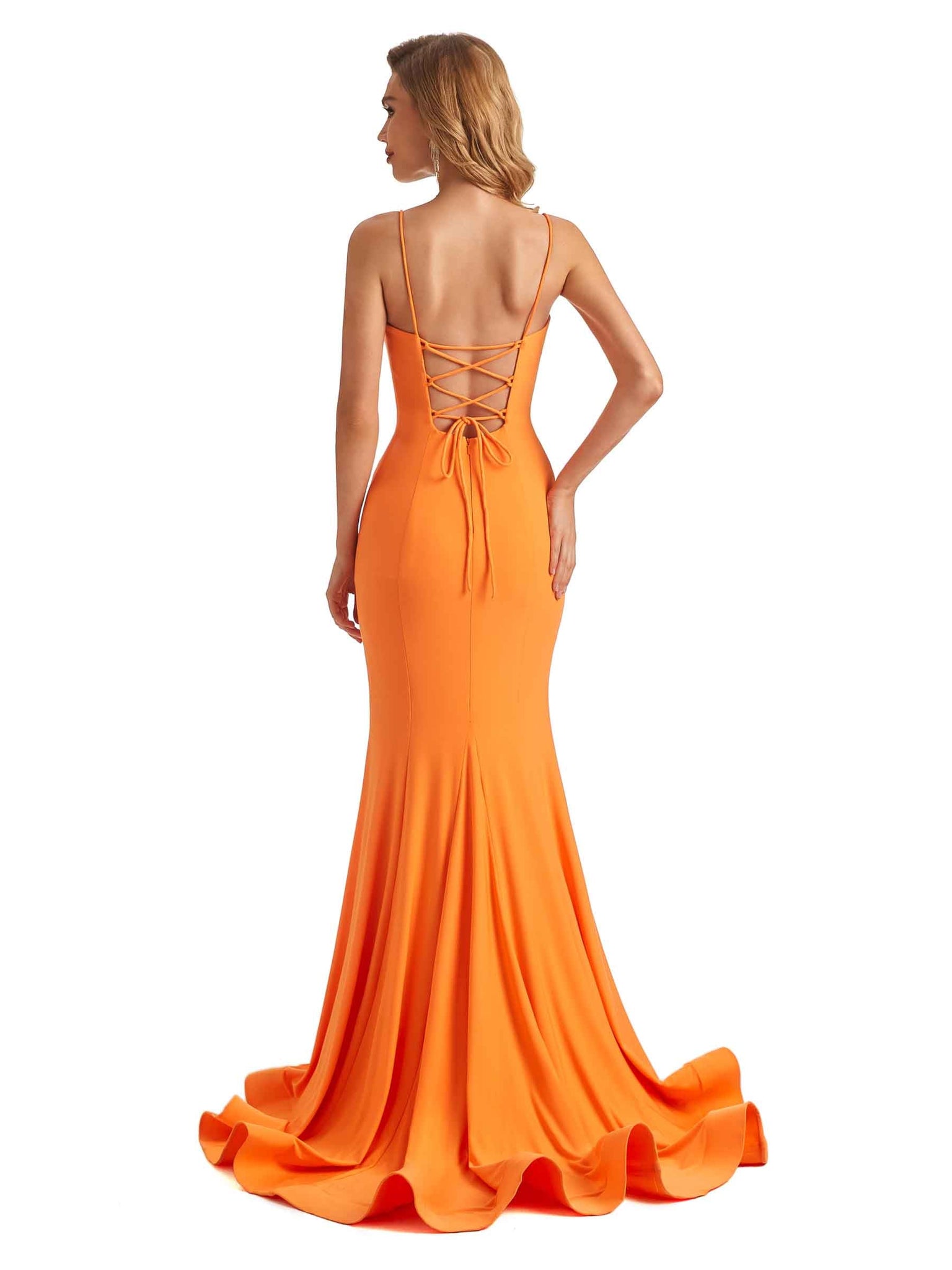 Robes de demoiselle d'honneur sirène sexy bretelles spaghetti col en V jersey extensible longues formelles