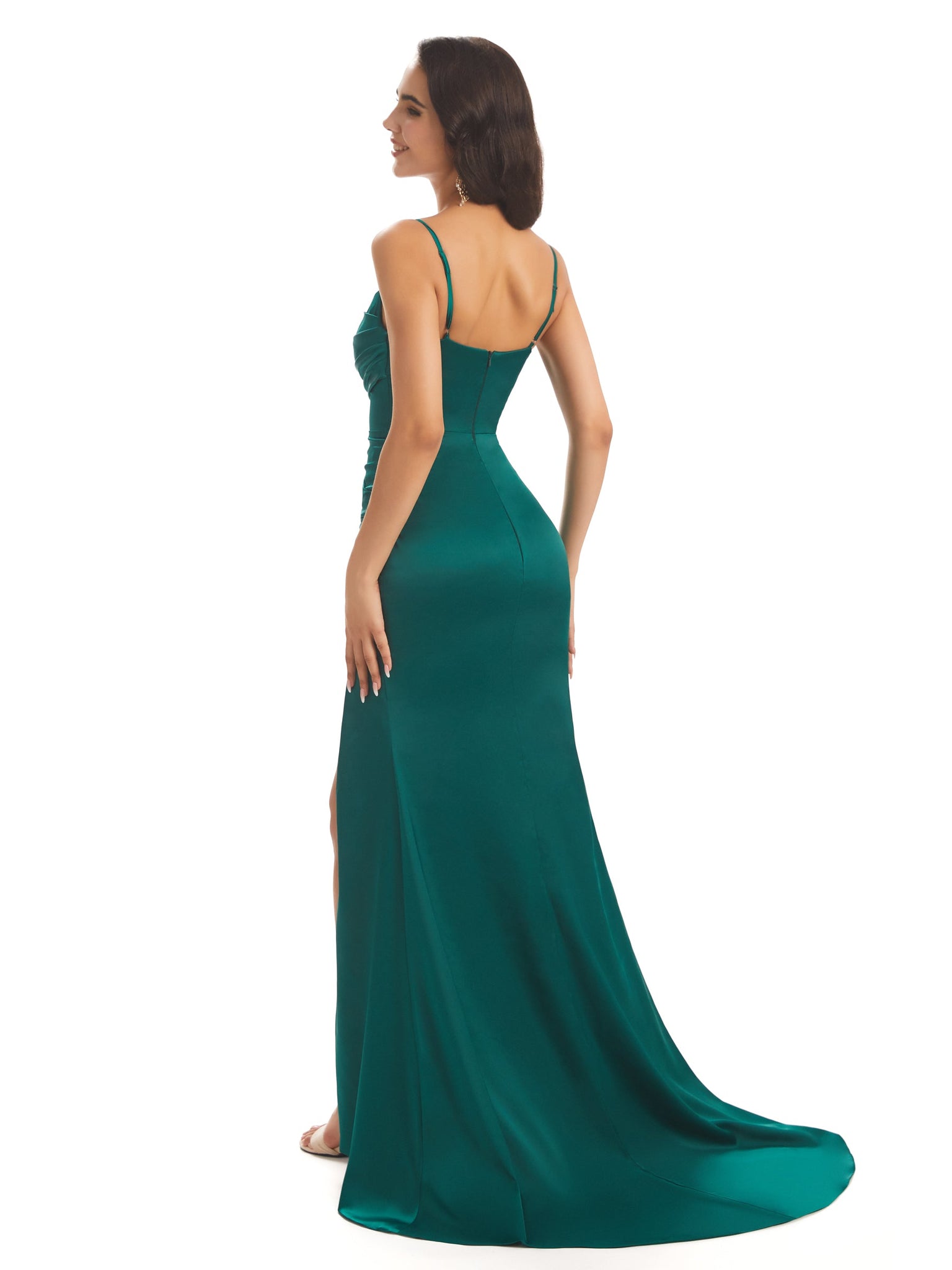 Robes invitée mariage sexy sirène plissé bretelles spaghetti fente Split longue