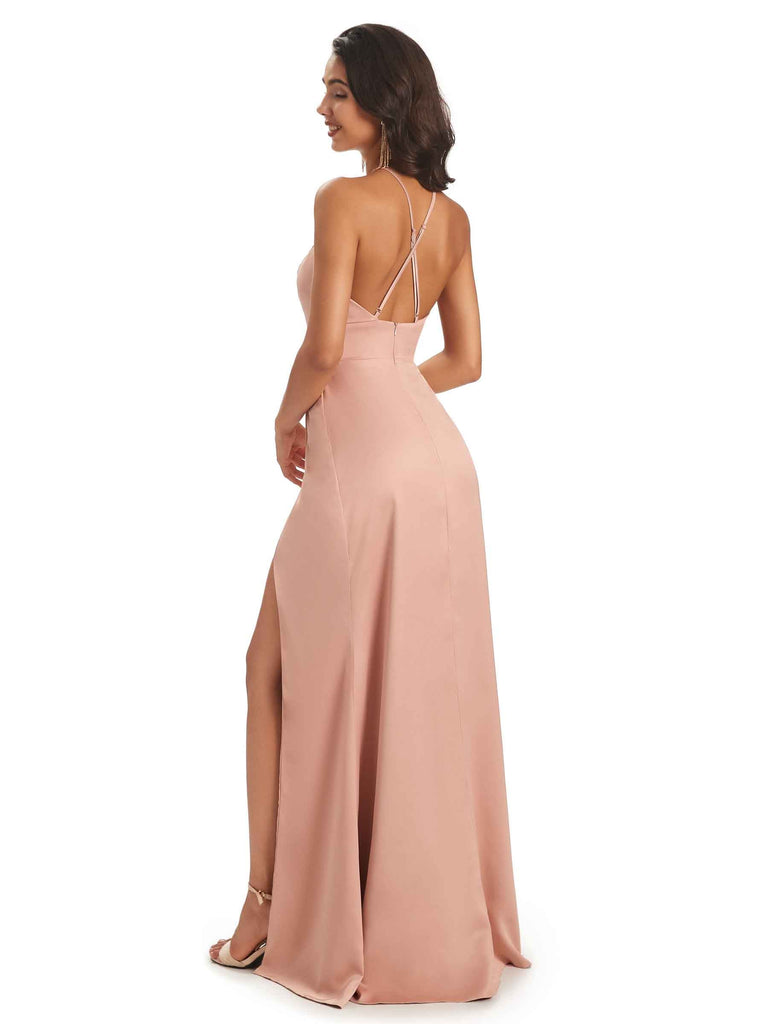 Robes de demoiselle d'honneur longues sexy satin doux licou maxi uniques