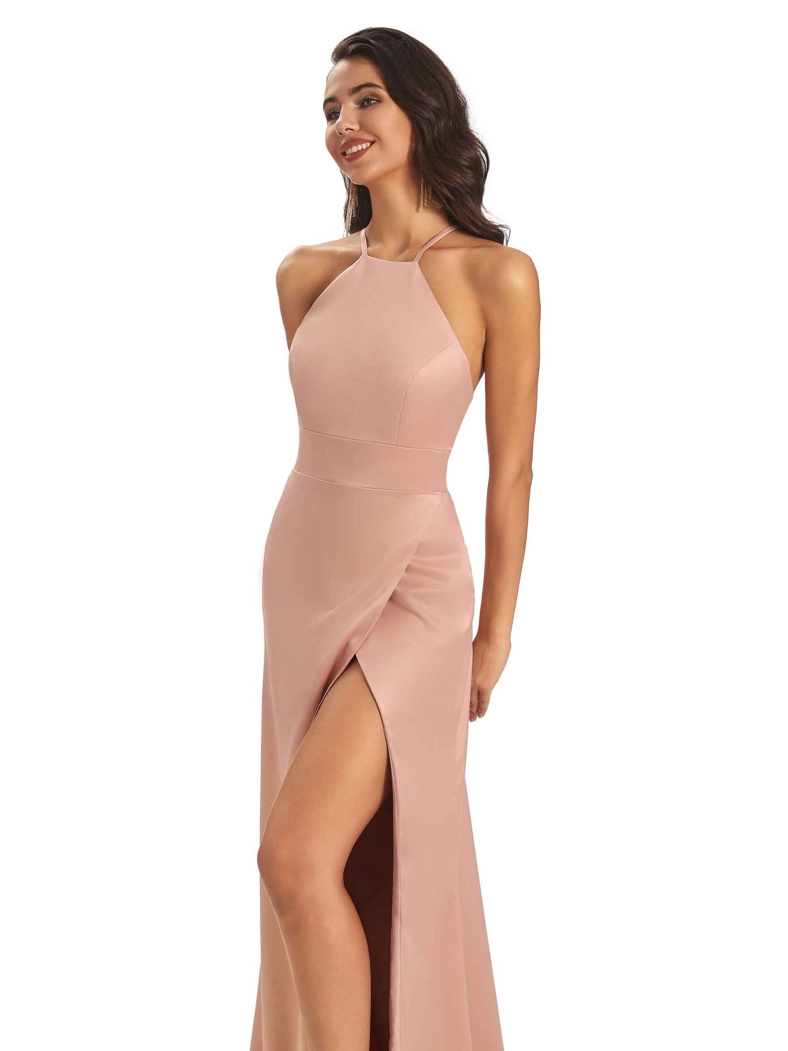 Robes demoiselle d'honneur longues sexy satin doux licou maxi fendue