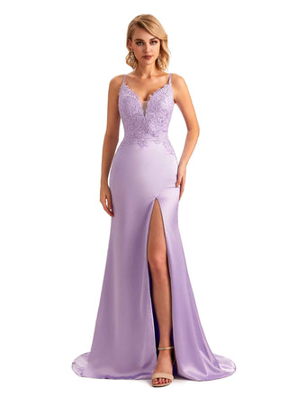 Robe longue en satin sexy fente latérale bretelles dentelle sirène pour mariage