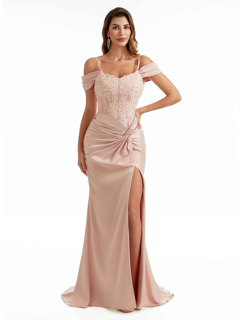 dentelle Maxi Satin Robes de demoiselle d'honneur sexy à épaules dénudées Moderne chic