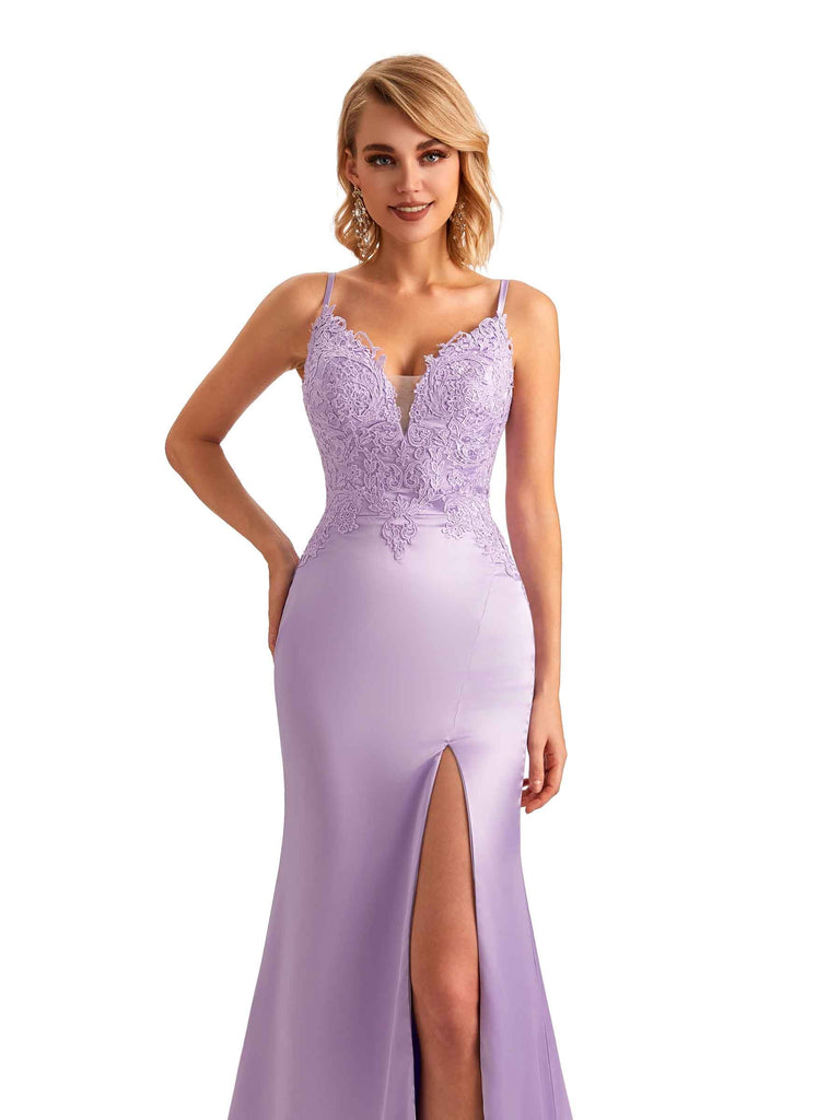 Robe longue en satin sexy fente latérale bretelles dentelle sirène pour mariage