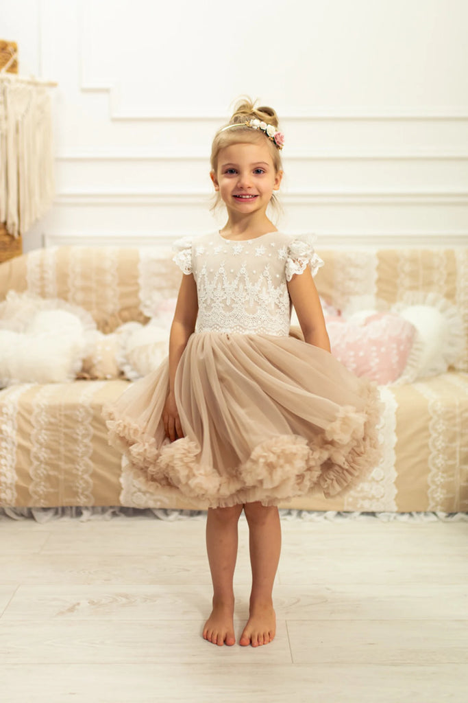 Jolies robes demoiselle d'honneur en dentelle pour filles nouvelle robe de soirée en tutu longueur genou avec nœud papillon