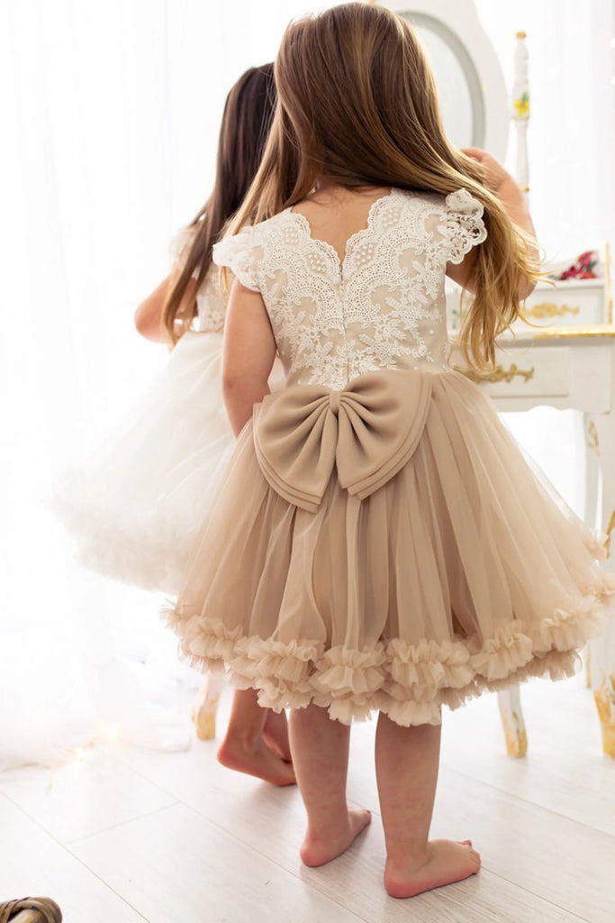 Jolies robes demoiselle d'honneur en dentelle pour filles nouvelle robe de soirée en tutu longueur genou avec nœud papillon