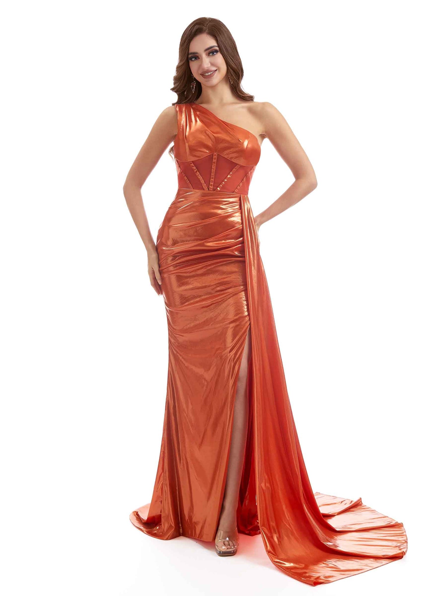Robe longue sirène sexy fente latérale une épaule scintillante métallique