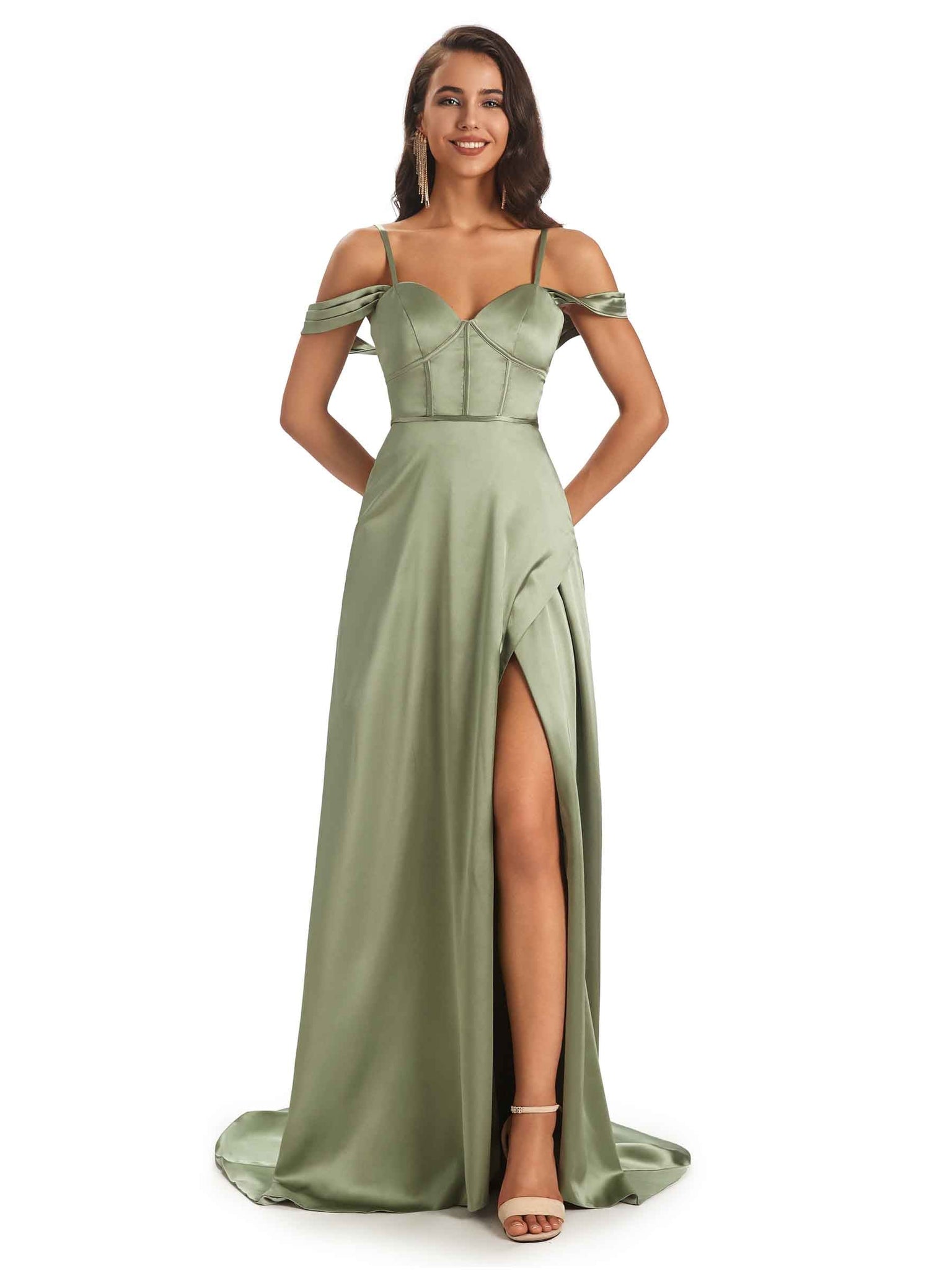 Robe invitée mariage élégantes satin doux bretelles spaghetti robe cocktail sage