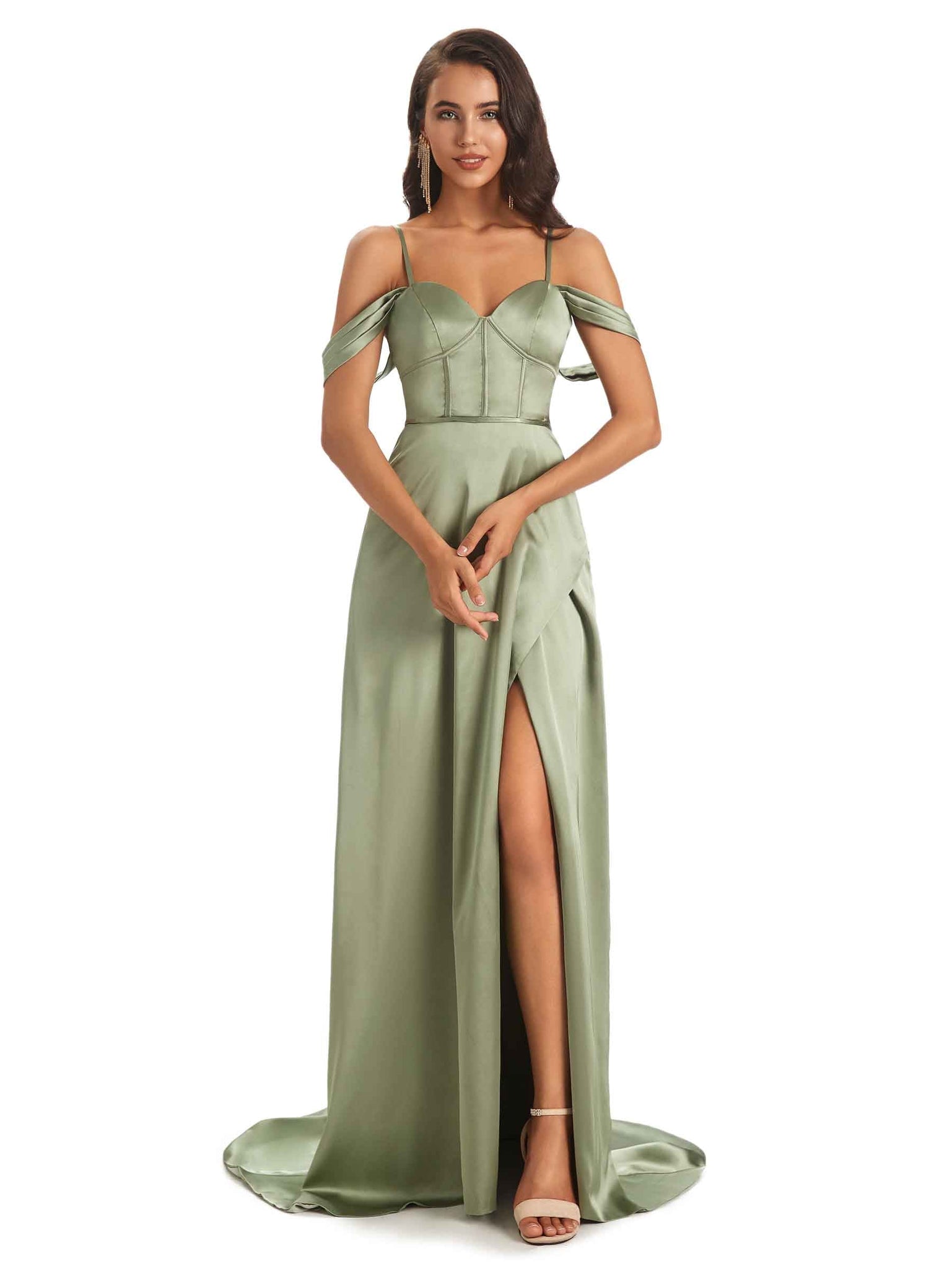 Robe invitée mariage élégantes satin doux bretelles spaghetti robe cocktail sage