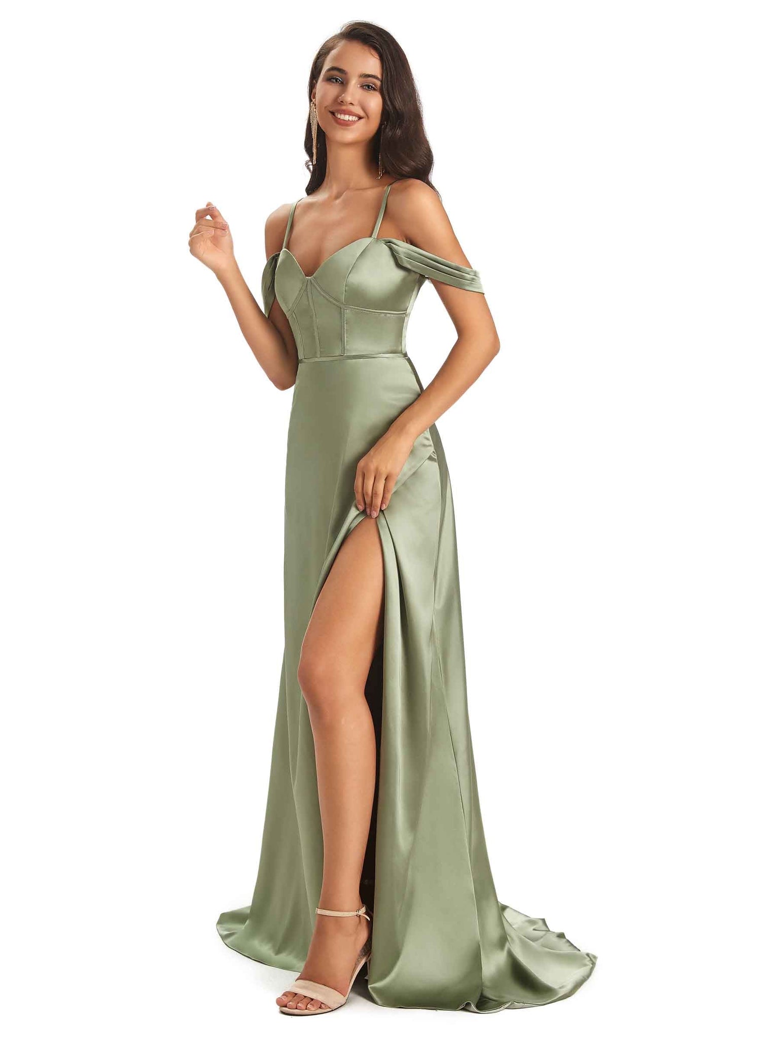 Robe invitée mariage élégantes satin doux bretelles spaghetti robe cocktail sage