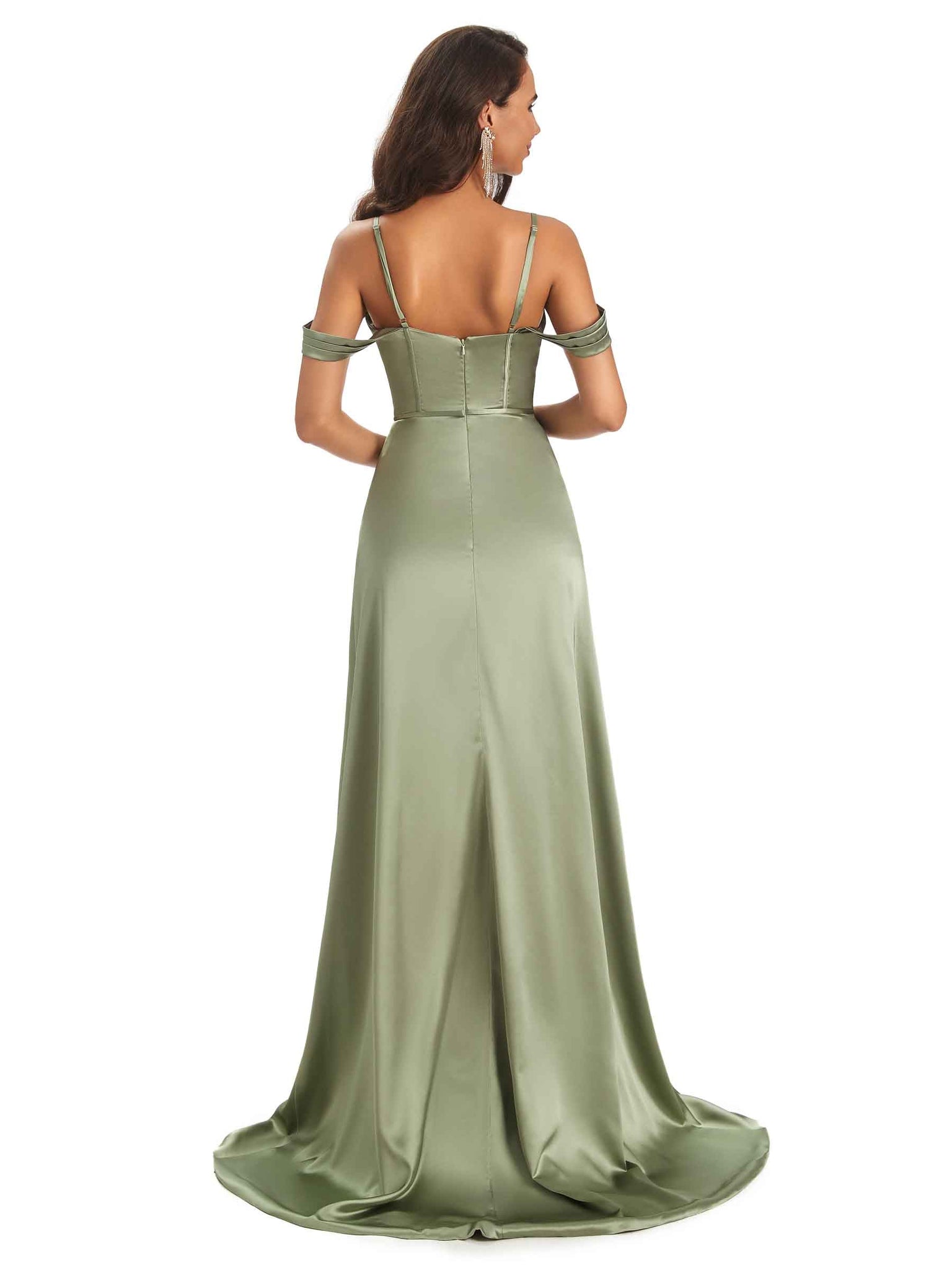 Robe invitée mariage élégantes satin doux bretelles spaghetti robe cocktail sage