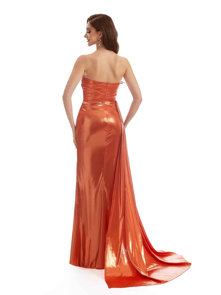 Sexy Side Slit Strapless Pleated Women Metallic Mermaid Long Dresses Online