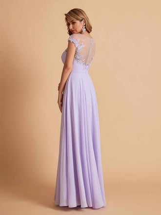 robes d'invitées de mariage en mousseline haut en dentelle illusion col en V
