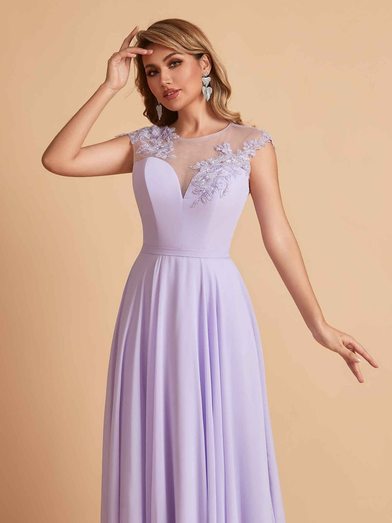 robes d'invitées de mariage en mousseline haut en dentelle illusion col en V