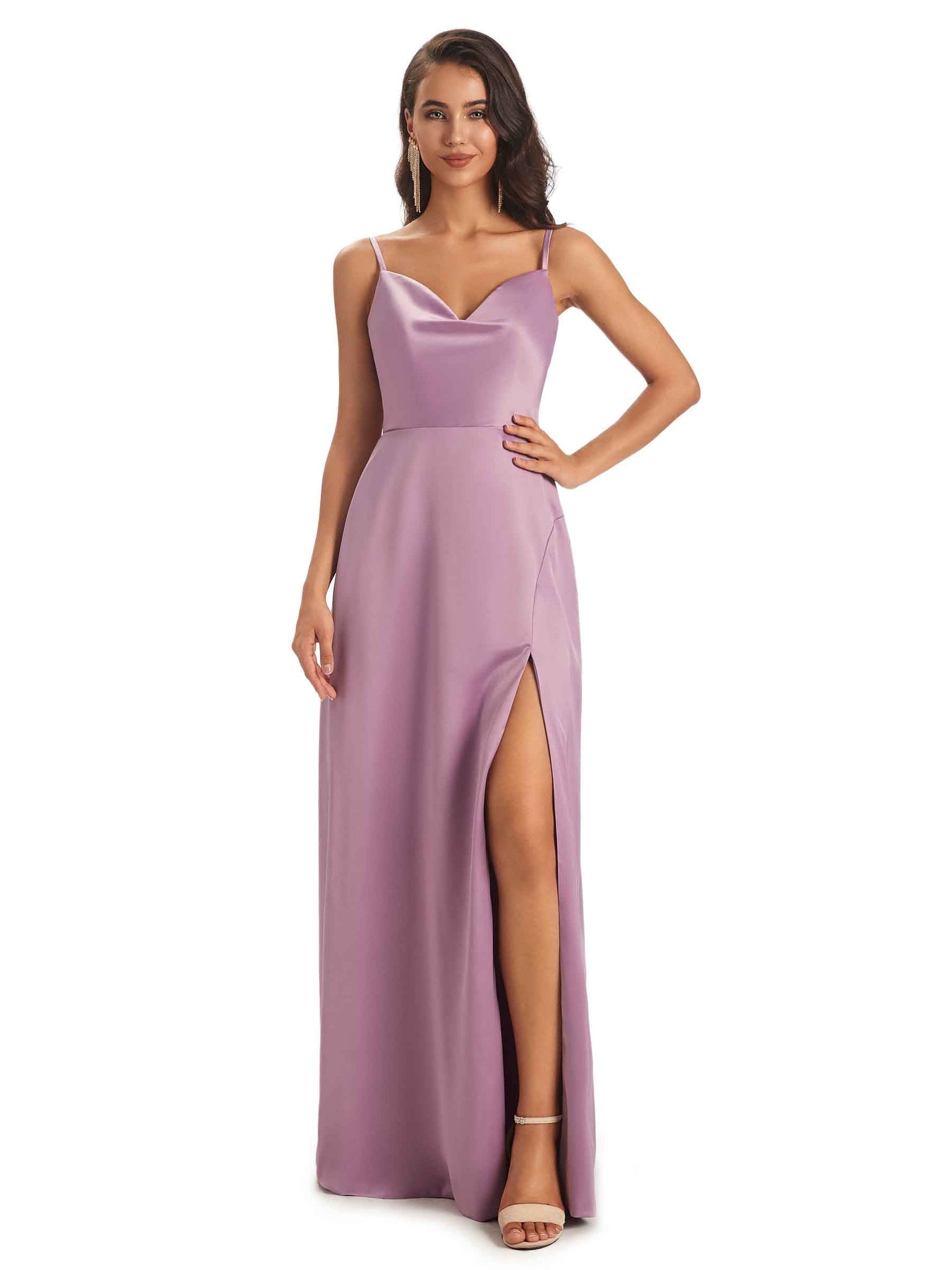 Robes invitée mariage A-ligne longues sexy satin doux fente bretelles spaghetti