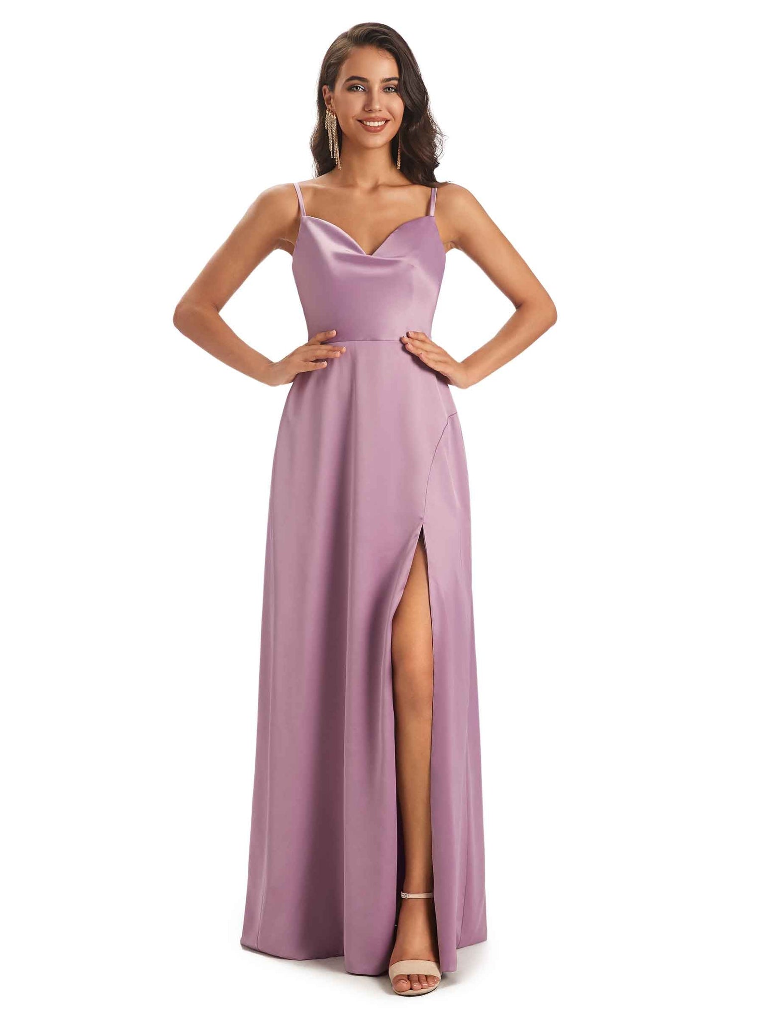 Robes invitée mariage A-ligne longues sexy satin doux fente bretelles spaghetti