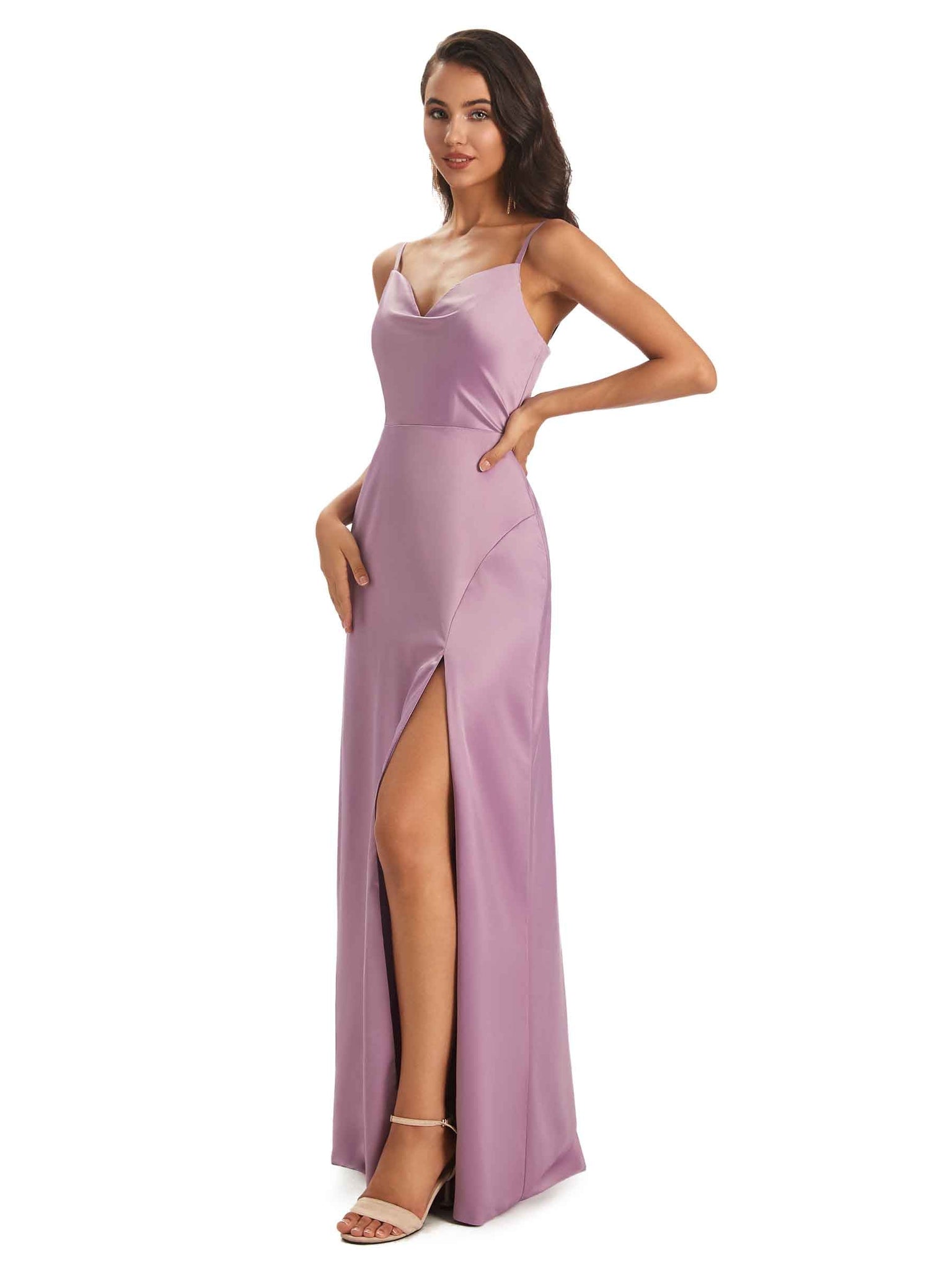 Robes invitée mariage A-ligne longues sexy satin doux fente bretelles spaghetti