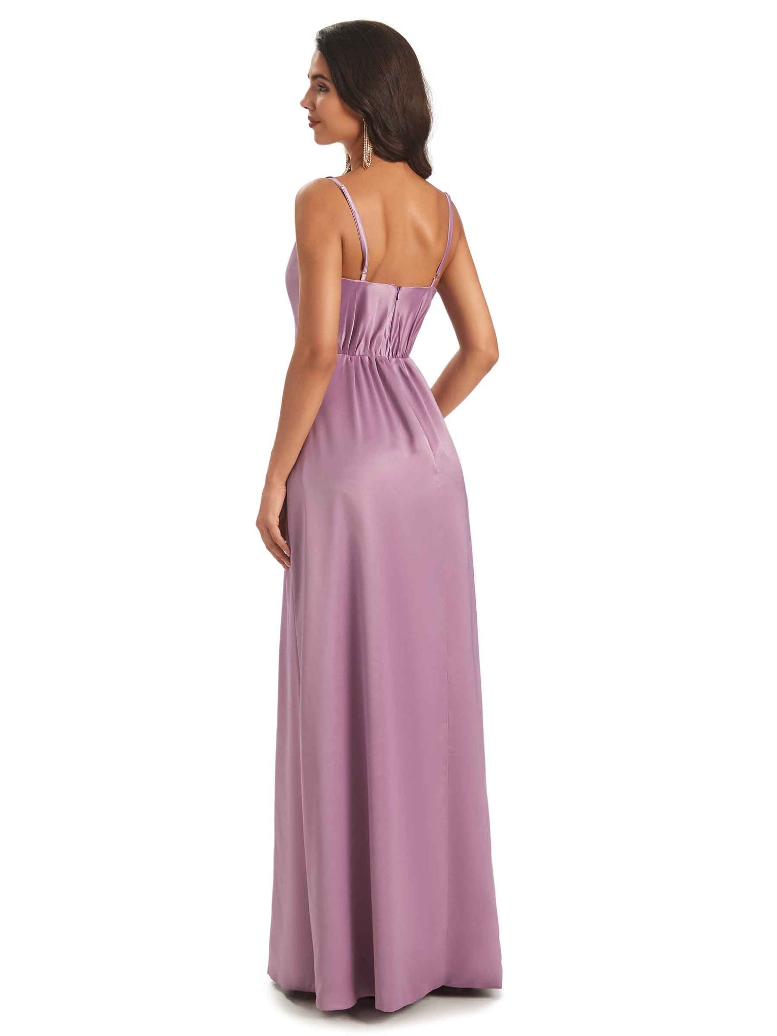 Robes invitée mariage A-ligne longues sexy satin doux fente bretelles spaghetti