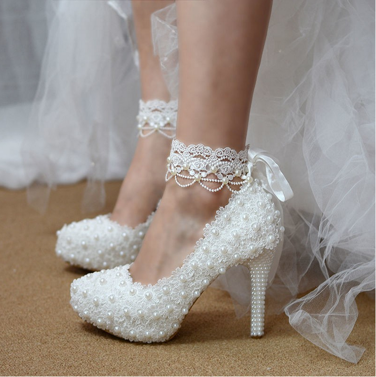 Women's Wedding Shoes Lace Pearls High Heel Decorative Heel Bridal Shoes,H28