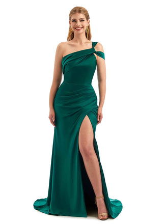 Robe demoiselle d'honneur longue en satin extensible avec fente latérale une épaule pour mariage