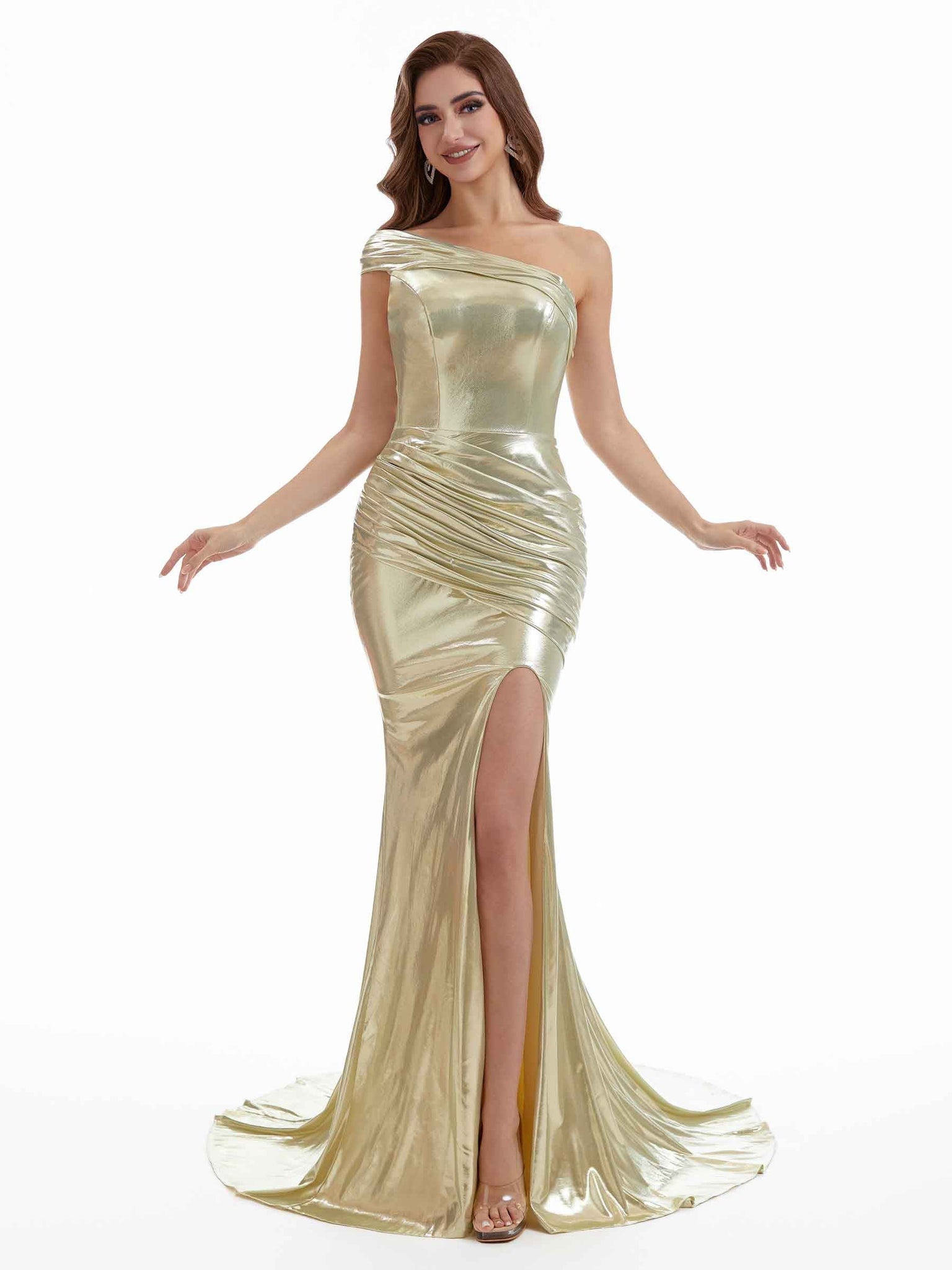 Robe longue sexy asymétrique fendue avec fronces effet métallisé
