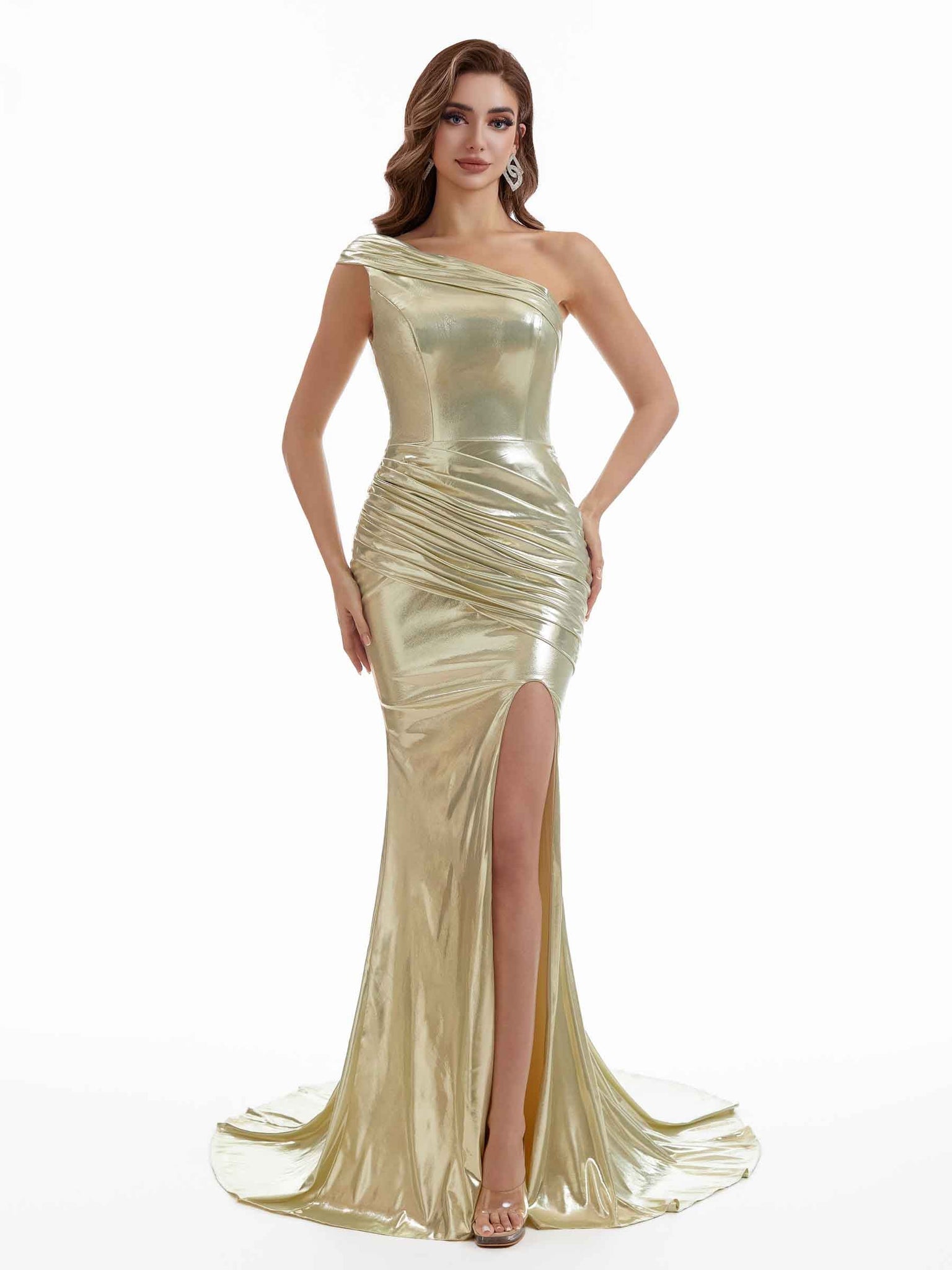Robe longue sexy asymétrique fendue avec fronces effet métallisé
