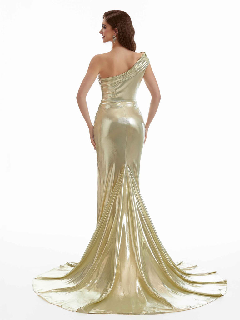 Sexy One Shoulder Side Slit Mermaid Ruched Metallic Long Dresses Online