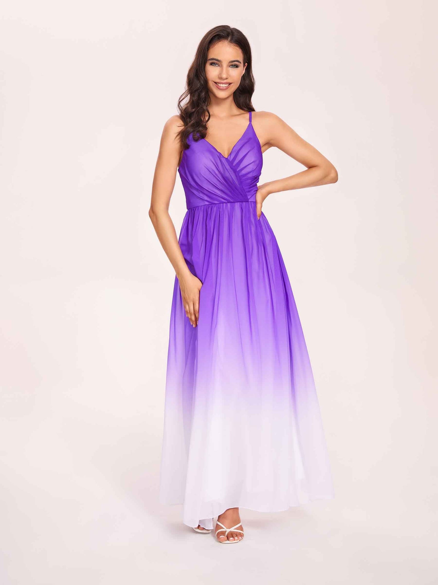 Bretelles Spaghetti Floral A-ligne Ombre Mousseline Longue Robes Demoiselle D'honneur