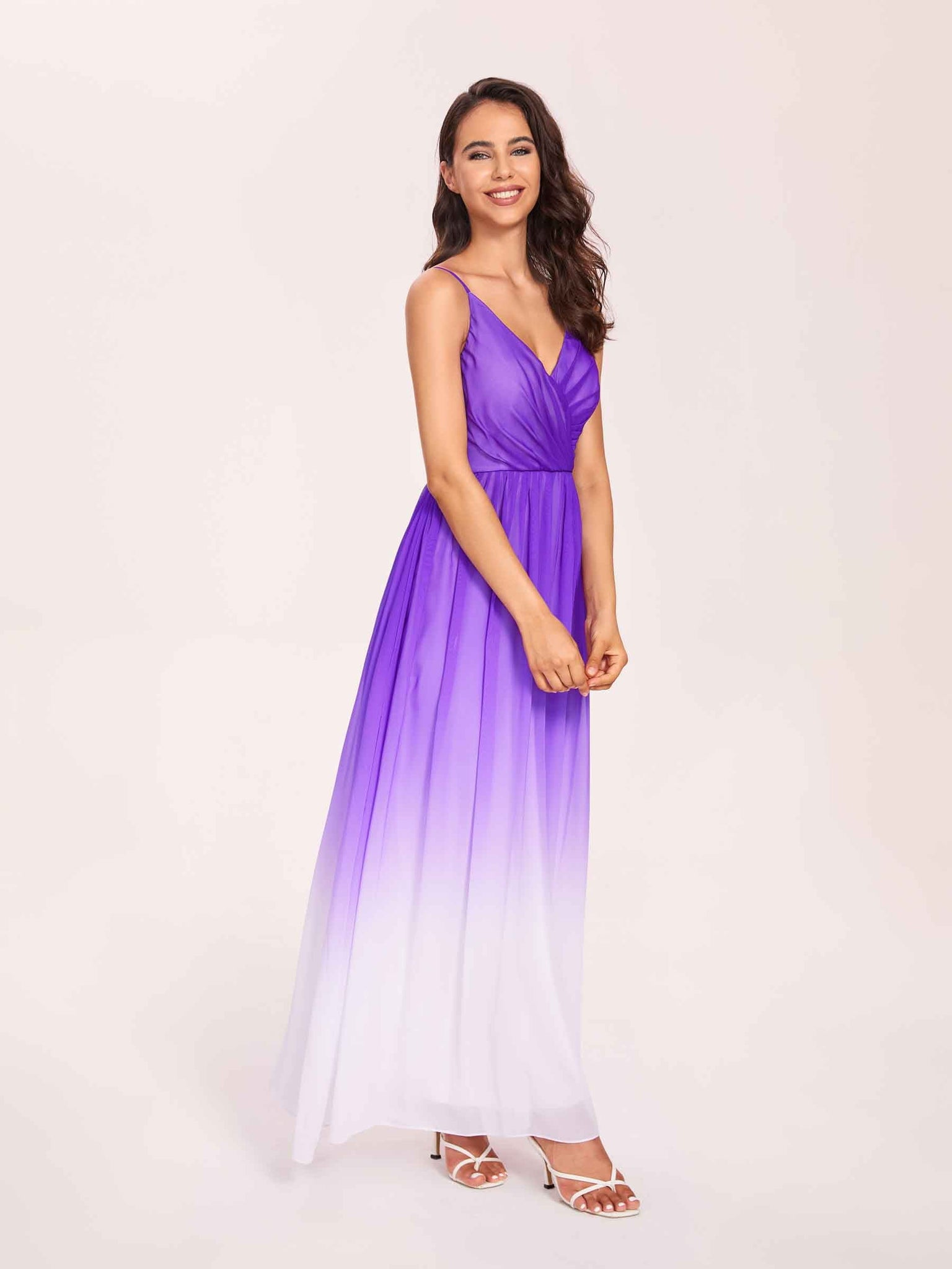 Bretelles Spaghetti Floral A-ligne Ombre Mousseline Longue Robes Demoiselle D'honneur