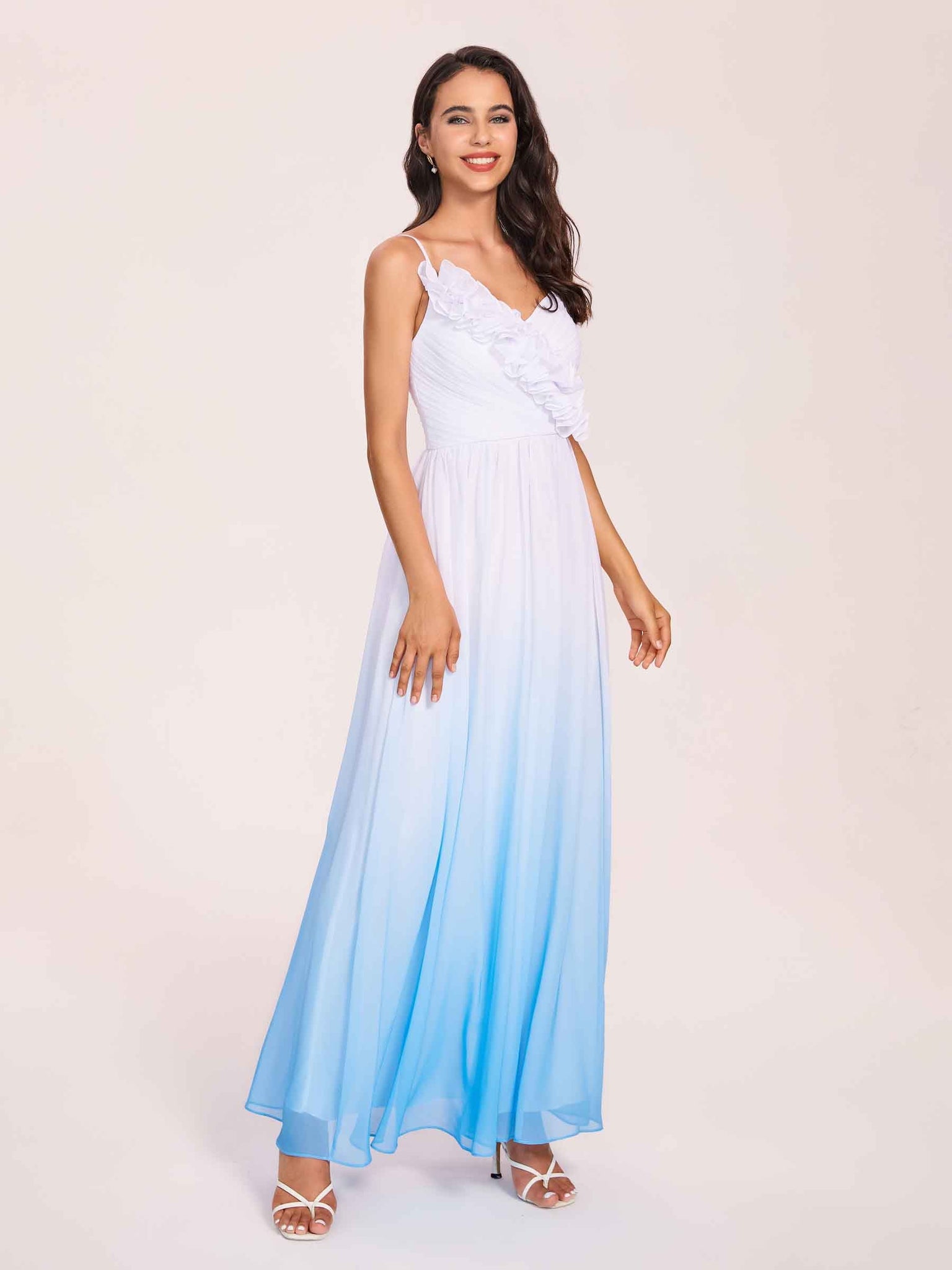 Bretelles Spaghetti Floral A-ligne Ombre Longue Robes Demoiselle D'honneur