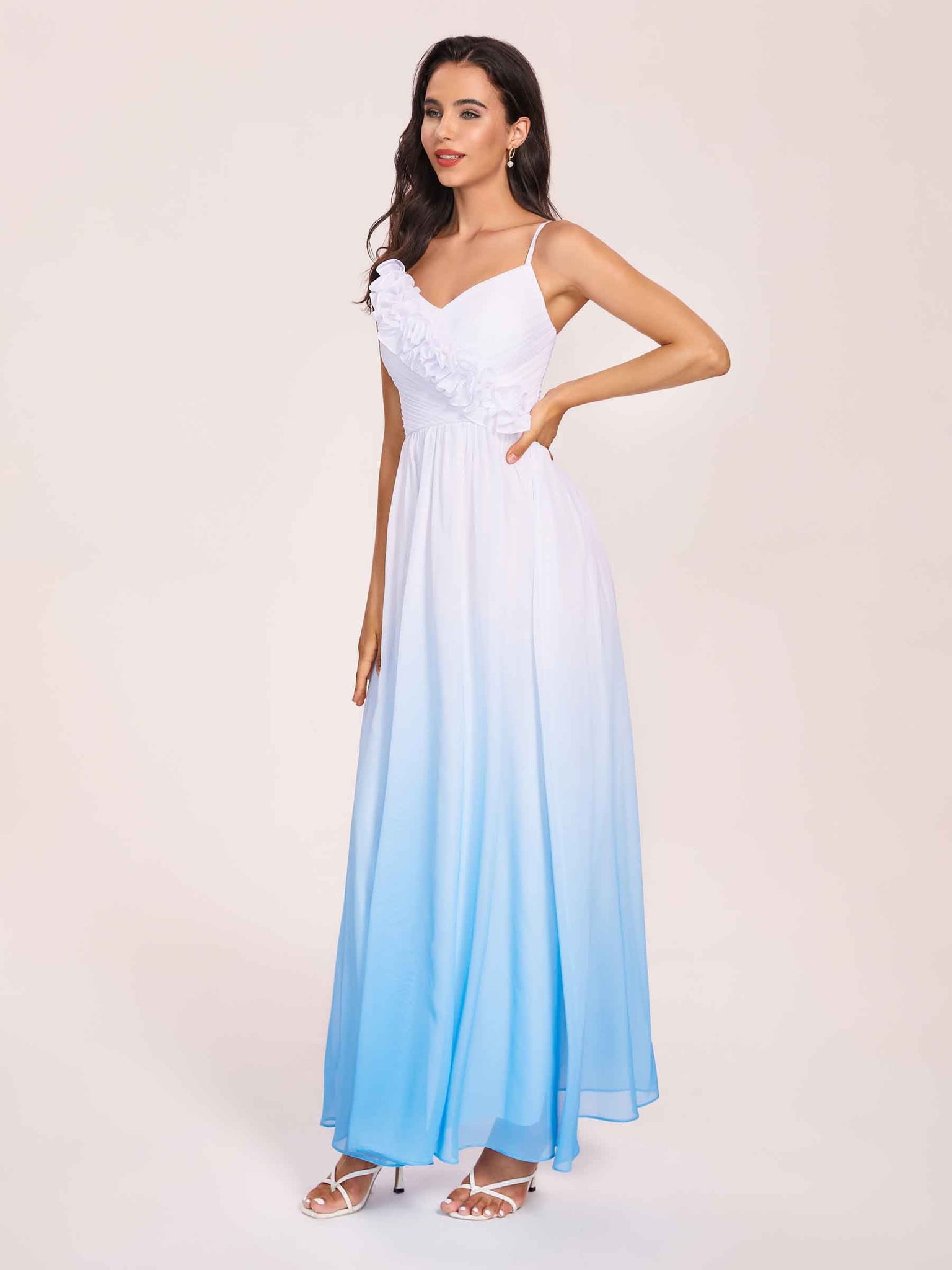 Bretelles Spaghetti Floral A-ligne Ombre Longue Robes Demoiselle D'honneur