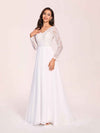 Robe de mariée bohème à manches longues col en V, dos nu en dentelle trapèze