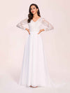 Robe de mariée bohème à manches longues col en V, dos nu en dentelle trapèze