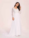 Robe de mariée bohème à manches longues col en V, dos nu en dentelle trapèze