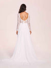 Robe de mariée bohème à manches longues col en V, dos nu en dentelle trapèze