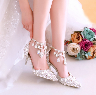 Women's Wedding Shoes Pointed Toe Crystal High Heel Decorative Heel Bridal Shoes,H29