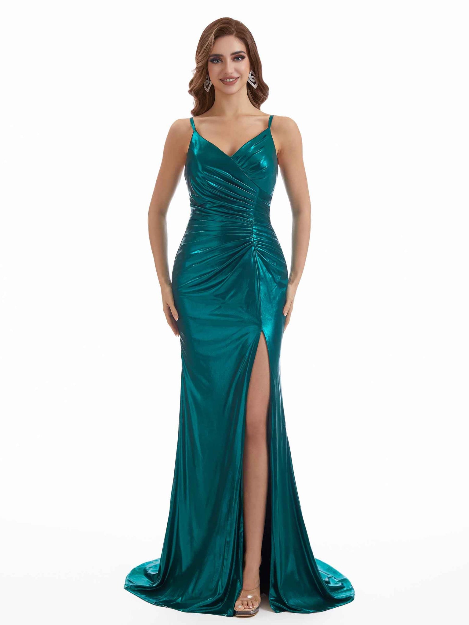 Robe métallique longue sexy plis scintillants avec fente latérale