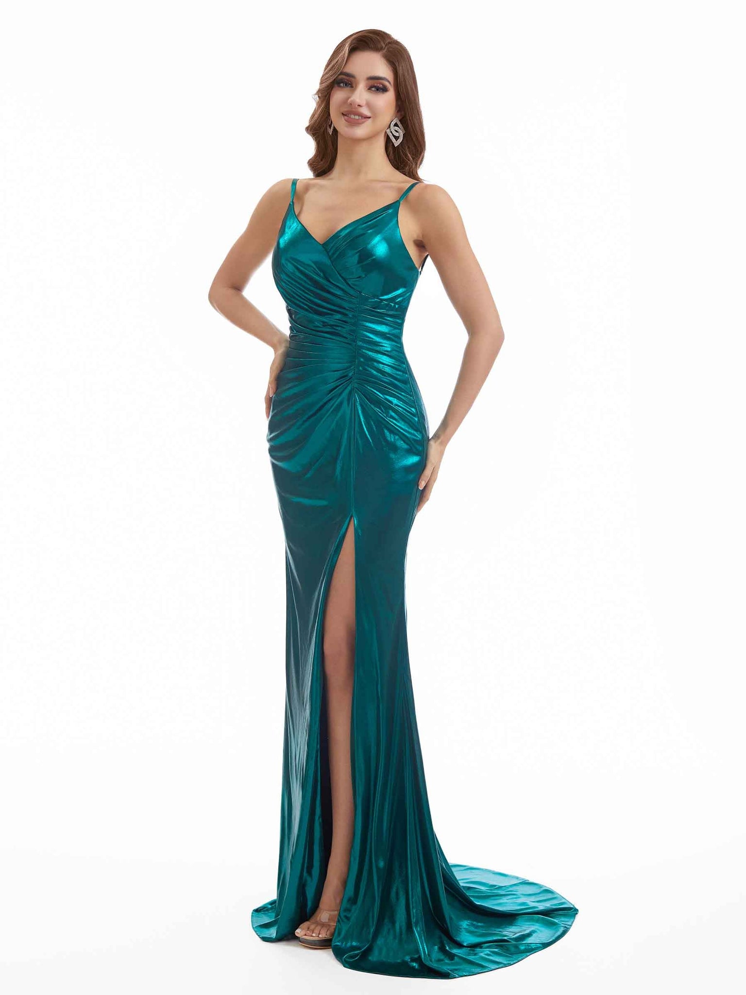 Robe métallique longue sexy plis scintillants avec fente latérale