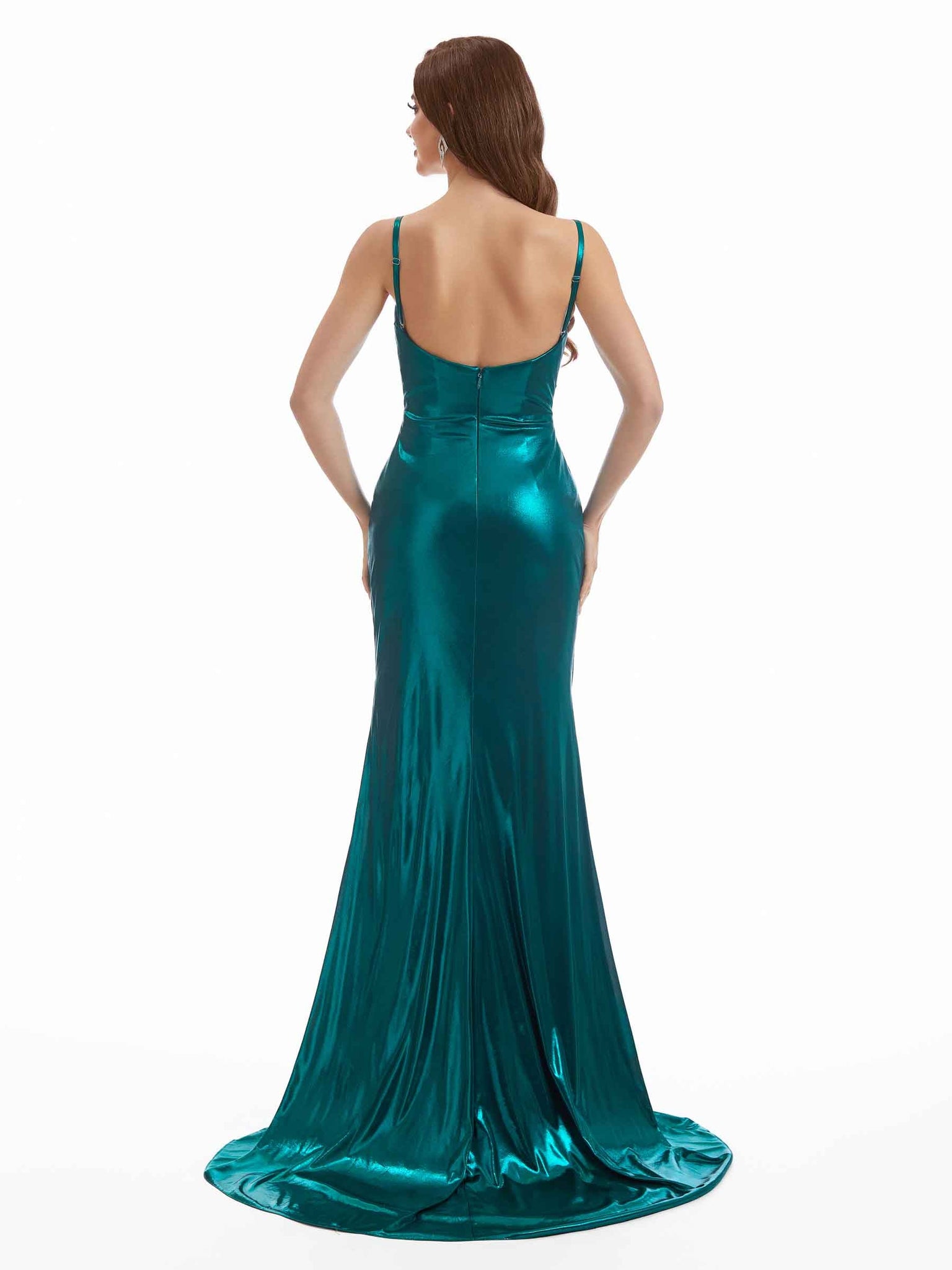 Robe métallique longue sexy plis scintillants avec fente latérale